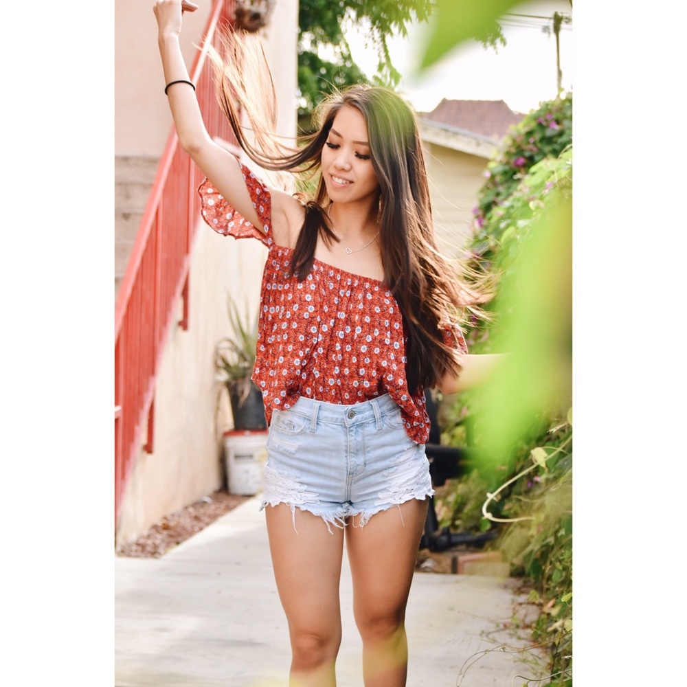 Red Floral Top + Hollister Shorts
